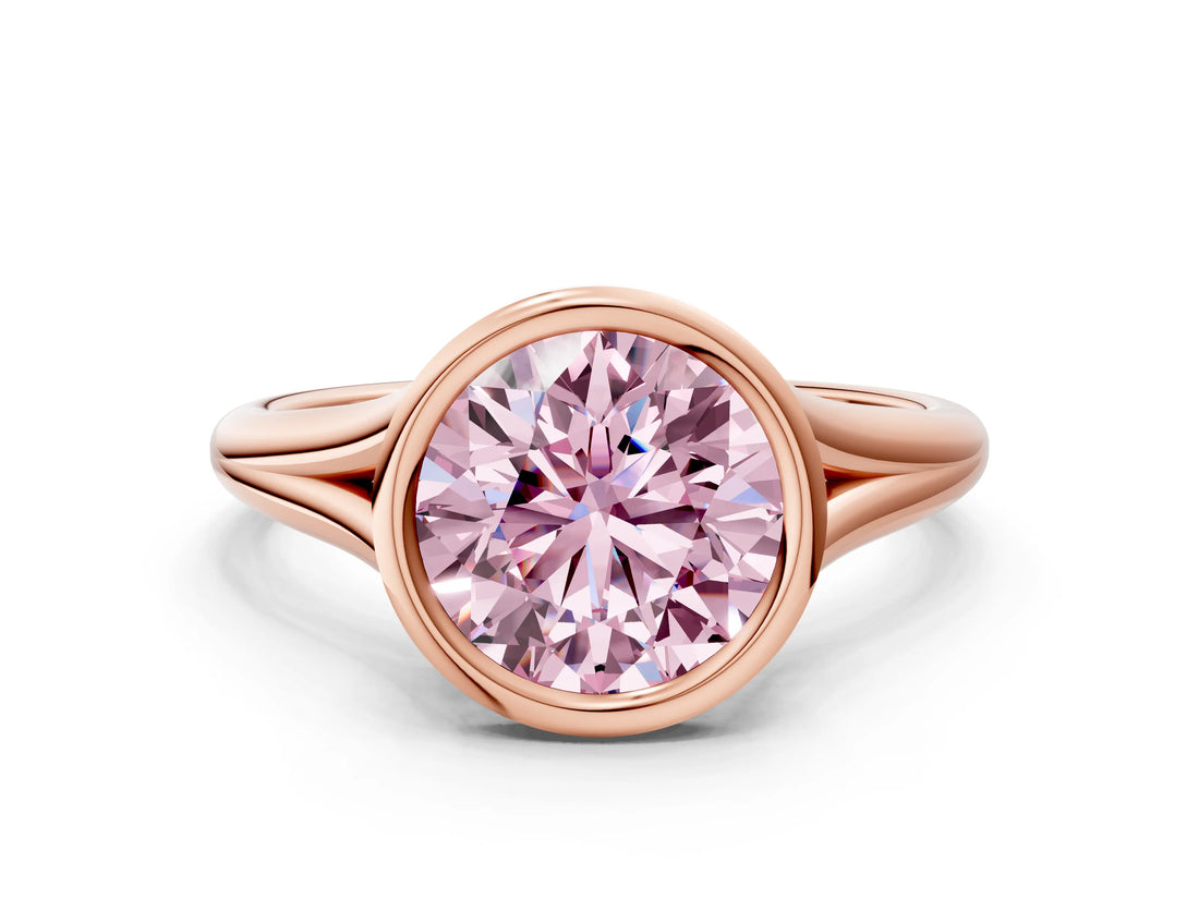 Rose gold Bezel Set Fancy Pink Round  Cut Solitaire Ring with Tapered Band 1