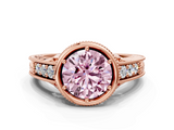 Rose gold Bezel Set Fancy Pink Round  Diamond Milgrain Pave Engagement Ring