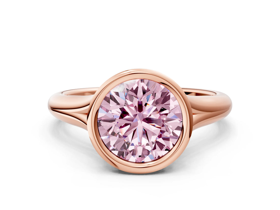 Rose gold Bezel Set Fancy Pink Round  Solitaire Diamond Ring with Smooth Band 1
