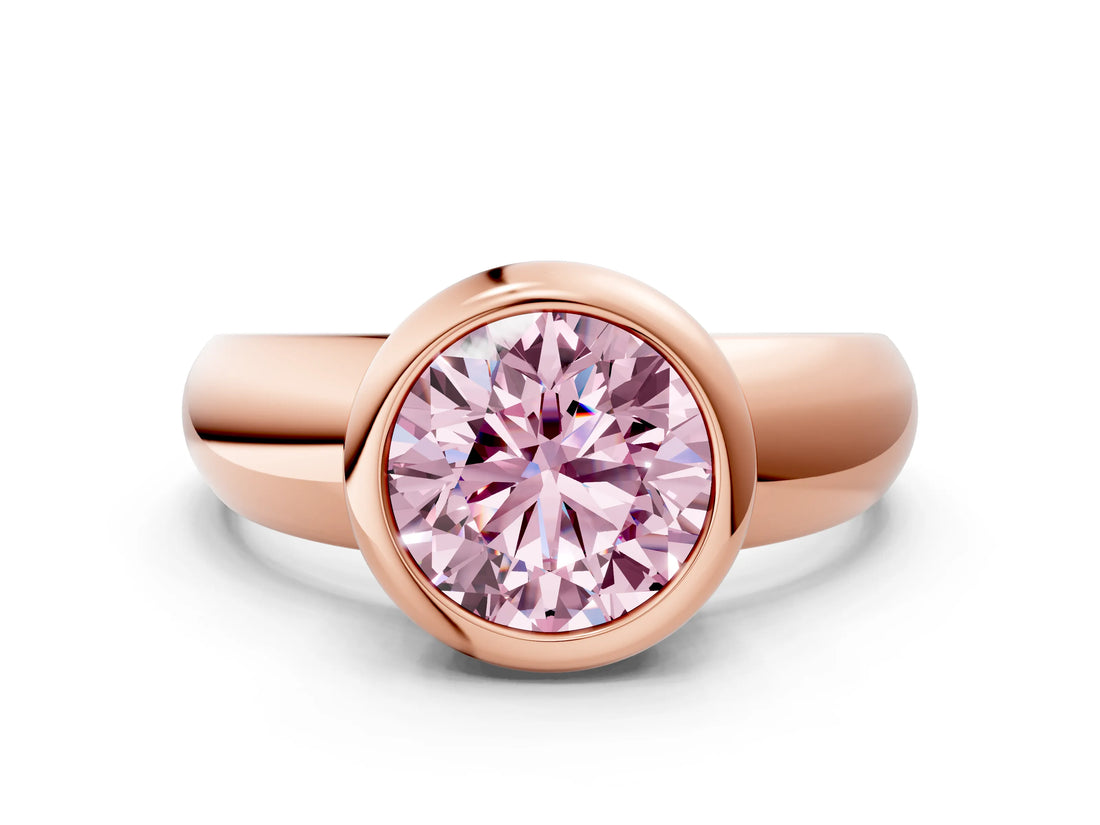 Rose gold Bezel Set Fancy Pink Round  Solitaire Ring with Wide Band