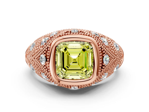 Rose Gold Asscher Cut Vintage Bezel Engagement Ring Setting for Fancy Yellow Center with Milgrain