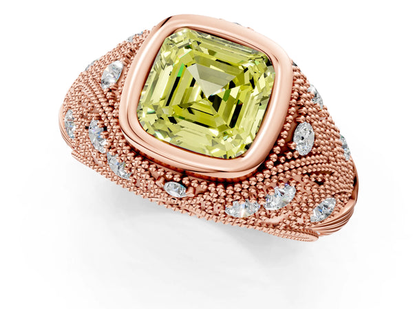 Rose Gold Asscher Cut Vintage Bezel Engagement Ring Setting for Fancy Yellow Center with Milgrain