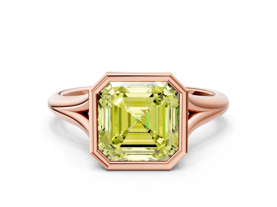 Rose gold Bezel Set Fancy Yellow Asscher  Cut Solitaire Ring with Tapered Band 1