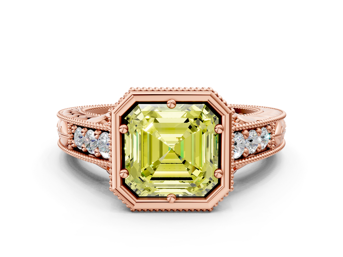 Rose gold Bezel Set Fancy Yellow Asscher  Diamond Milgrain Pave Engagement Ring_17