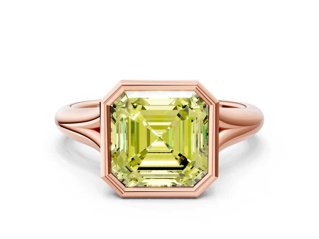 Rose gold Bezel Set Fancy Yellow Asscher  Solitaire Diamond Ring with Smooth Band 2