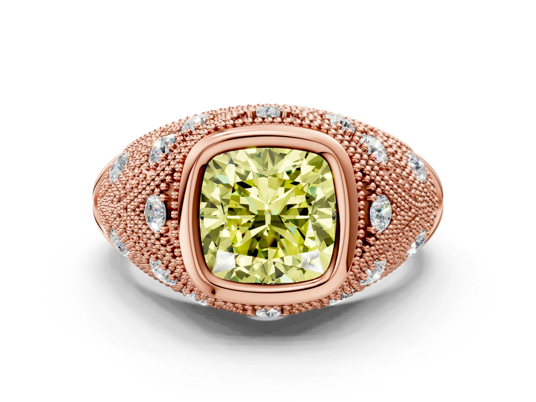 Rose gold Bezel Set Fancy Yellow Cushion Cut Diamond Milgrain Band Ring