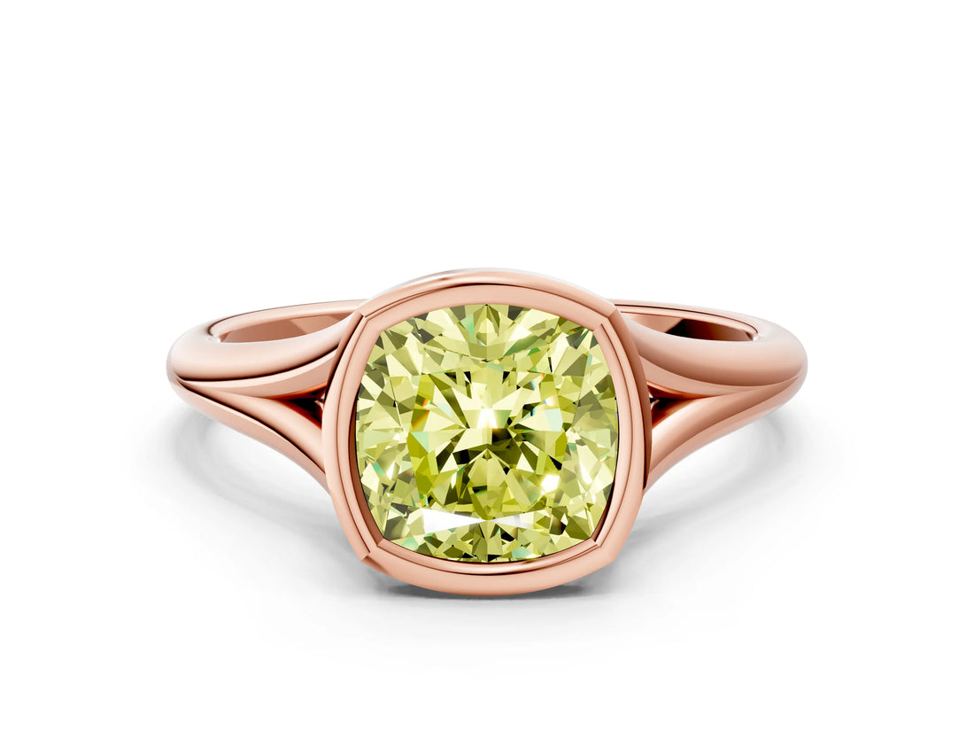Rose gold Bezel Set Fancy Yellow Cushion  Cut Solitaire Ring with Tapered Band 1