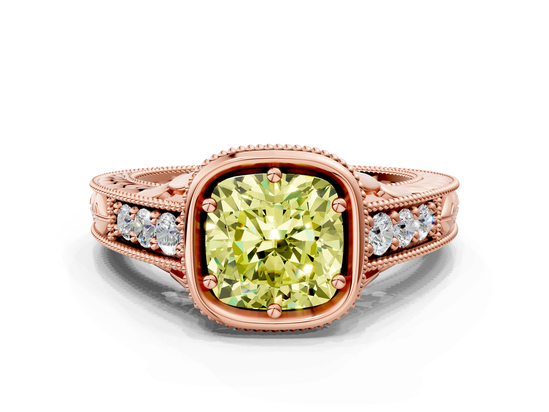 Rose gold Bezel Set Fancy Yellow Cushion  Diamond Milgrain Pave Engagement Ring_33