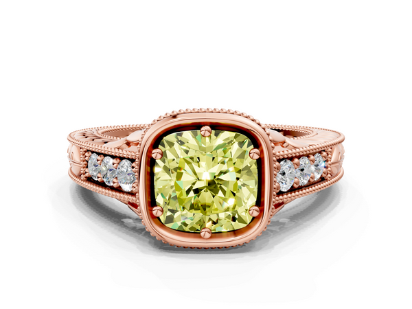 Rose gold Bezel Set Fancy Yellow Cushion  Diamond Milgrain Pave Engagement Ring