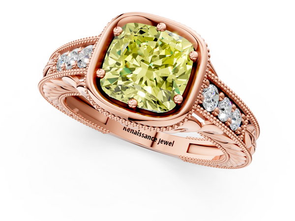 Rose gold Bezel Set Fancy Yellow Cushion  Diamond Milgrain Pave Engagement Ring