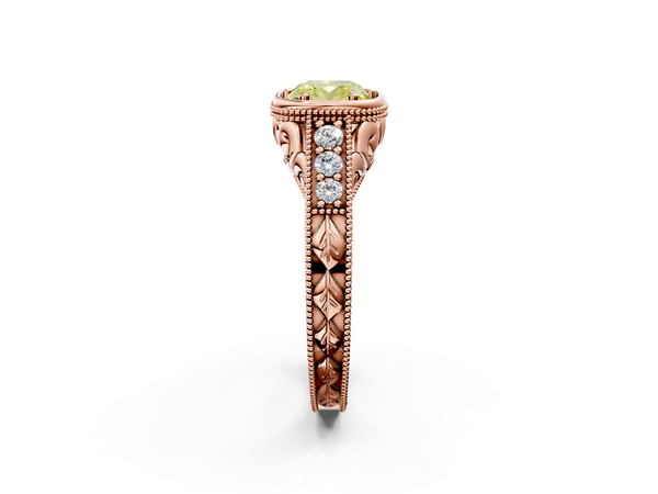 Rose gold Bezel Set Fancy Yellow Cushion  Diamond Milgrain Pave Engagement Ring