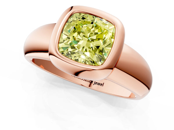 Rose gold Bezel Set Fancy Yellow Cushion  Solitaire Ring with Wide Band