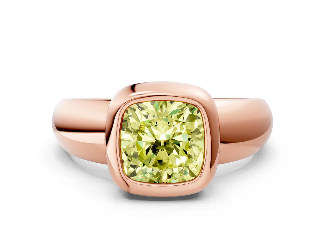 Rose gold Bezel Set Fancy Yellow Cushion  Solitaire Ring with Wide Band