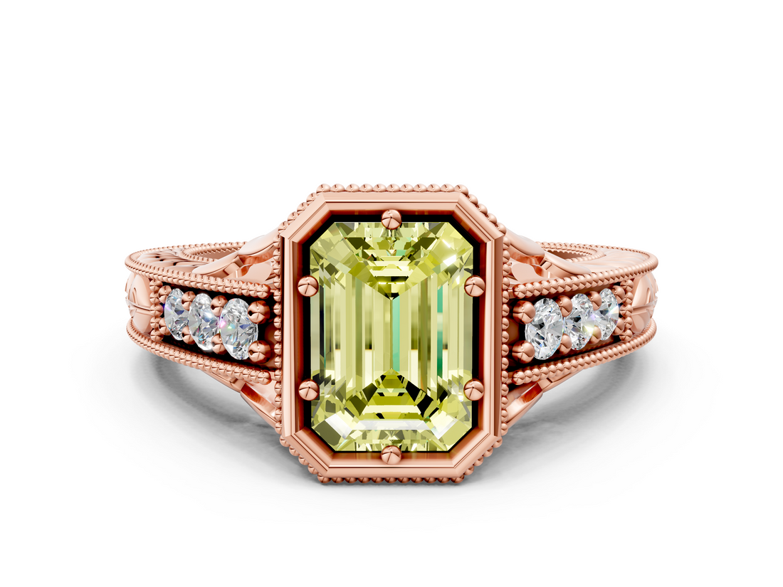 Rose gold Bezel Set Fancy Yellow Emerald  Diamond Milgrain Pave Engagement Ring_35