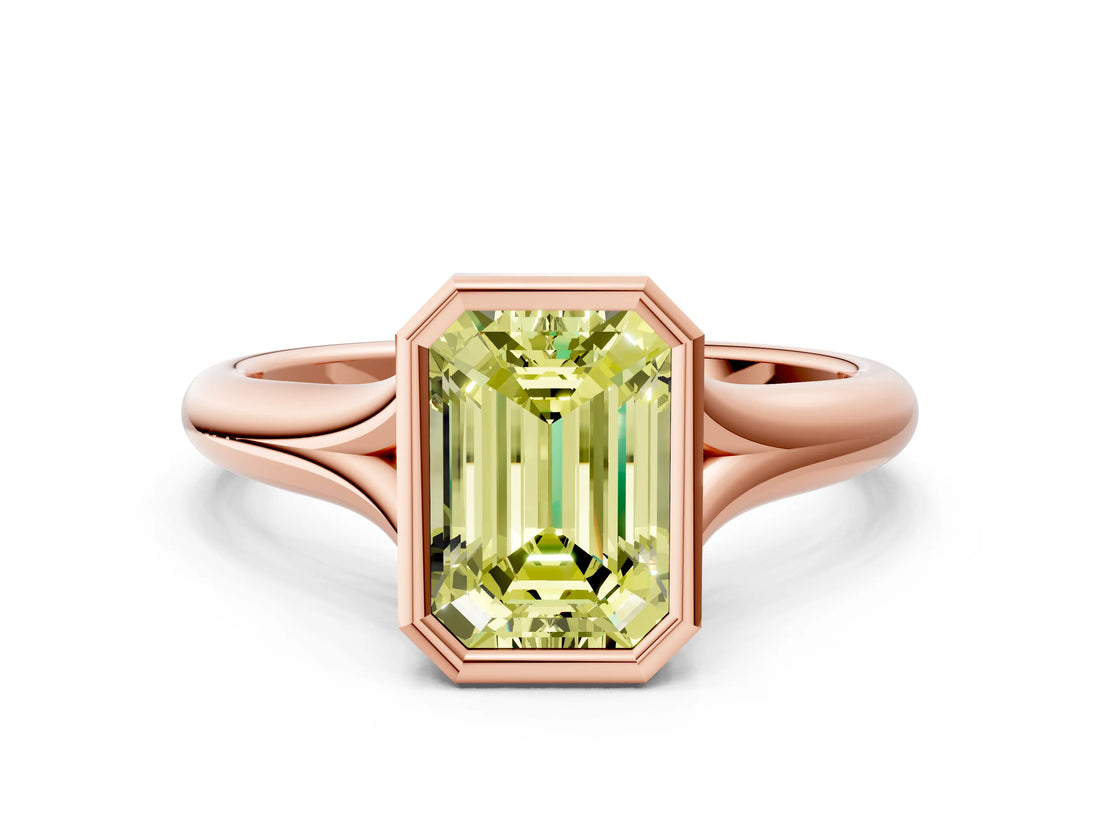 Rose gold Bezel Set Fancy Yellow Emerald  Solitaire Diamond Ring with Smooth Band 2