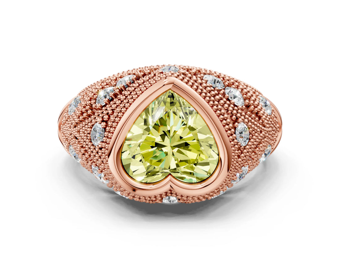Rose gold Bezel Set Fancy Yellow Heart Cut Diamond Milgrain Band Ring