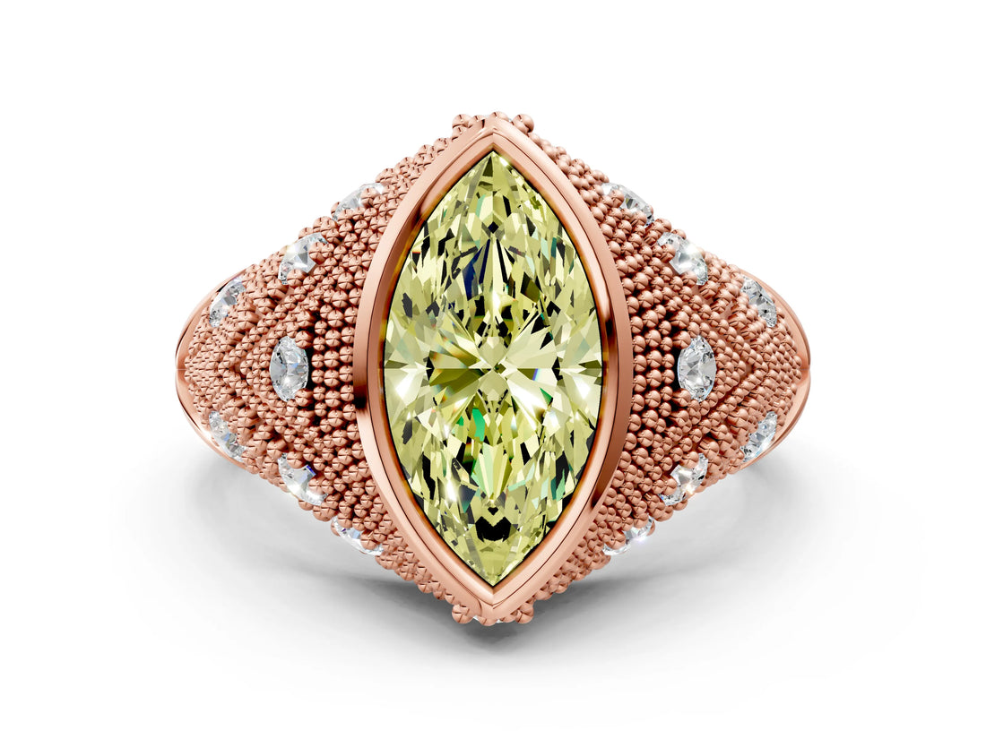 Rose gold Bezel Set Fancy Yellow Marquise Cut Diamond Milgrain Band Ring
