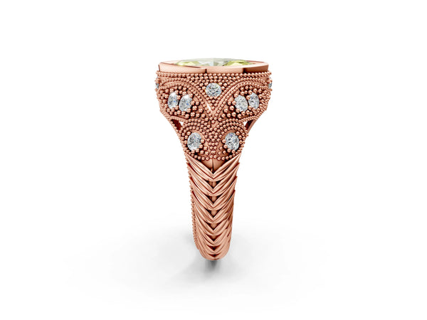 Rose Gold Marquise Vintage Bezel Engagement Ring Setting for Fancy Yellow Center with Milgrain