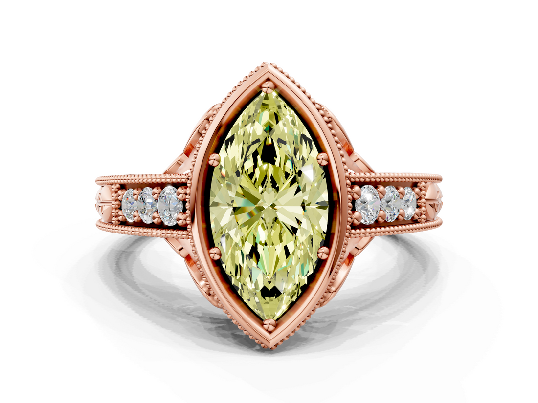 Rose gold Bezel Set Fancy Yellow Marquise  Diamond Milgrain Pave Engagement Ring