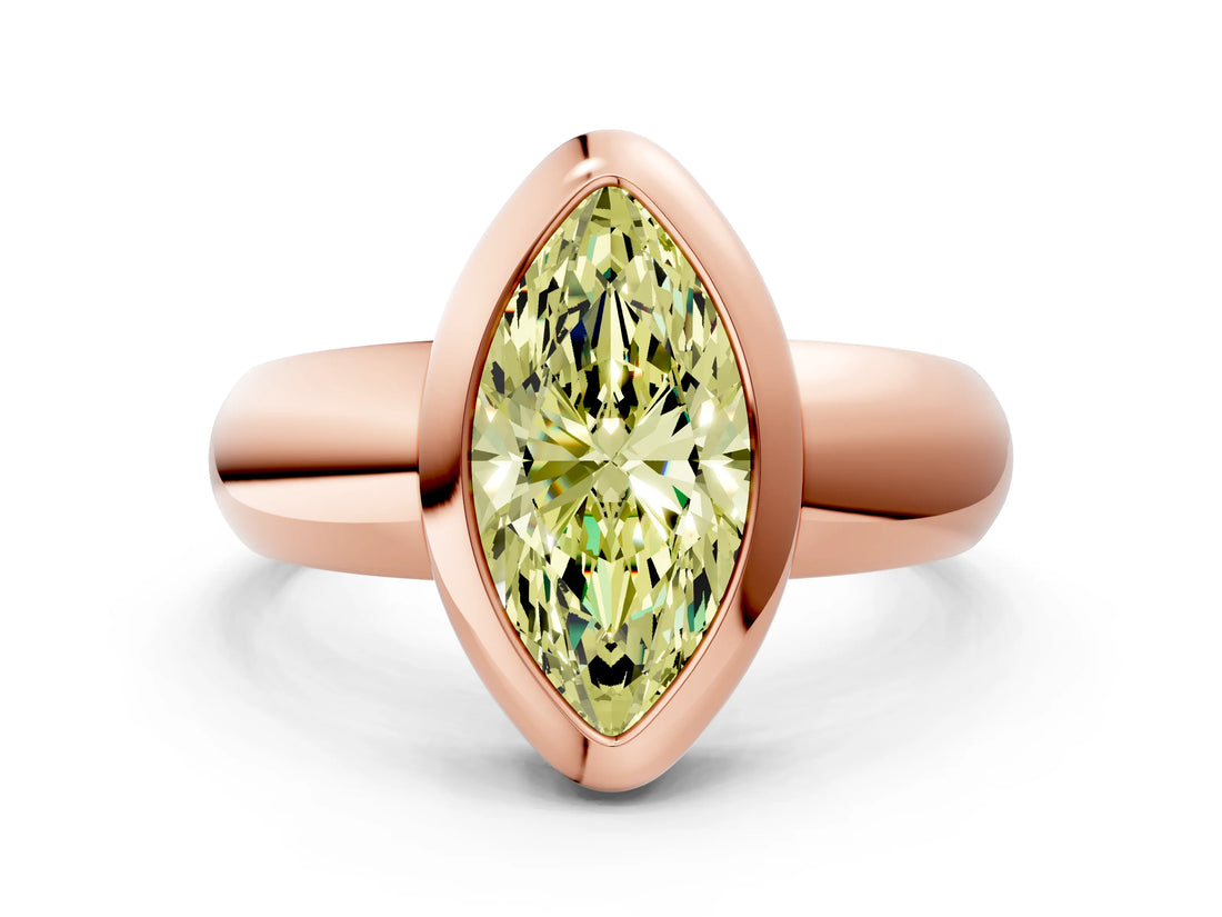 Rose gold Bezel Set Fancy Yellow Marquise  Solitaire Ring with Wide Band