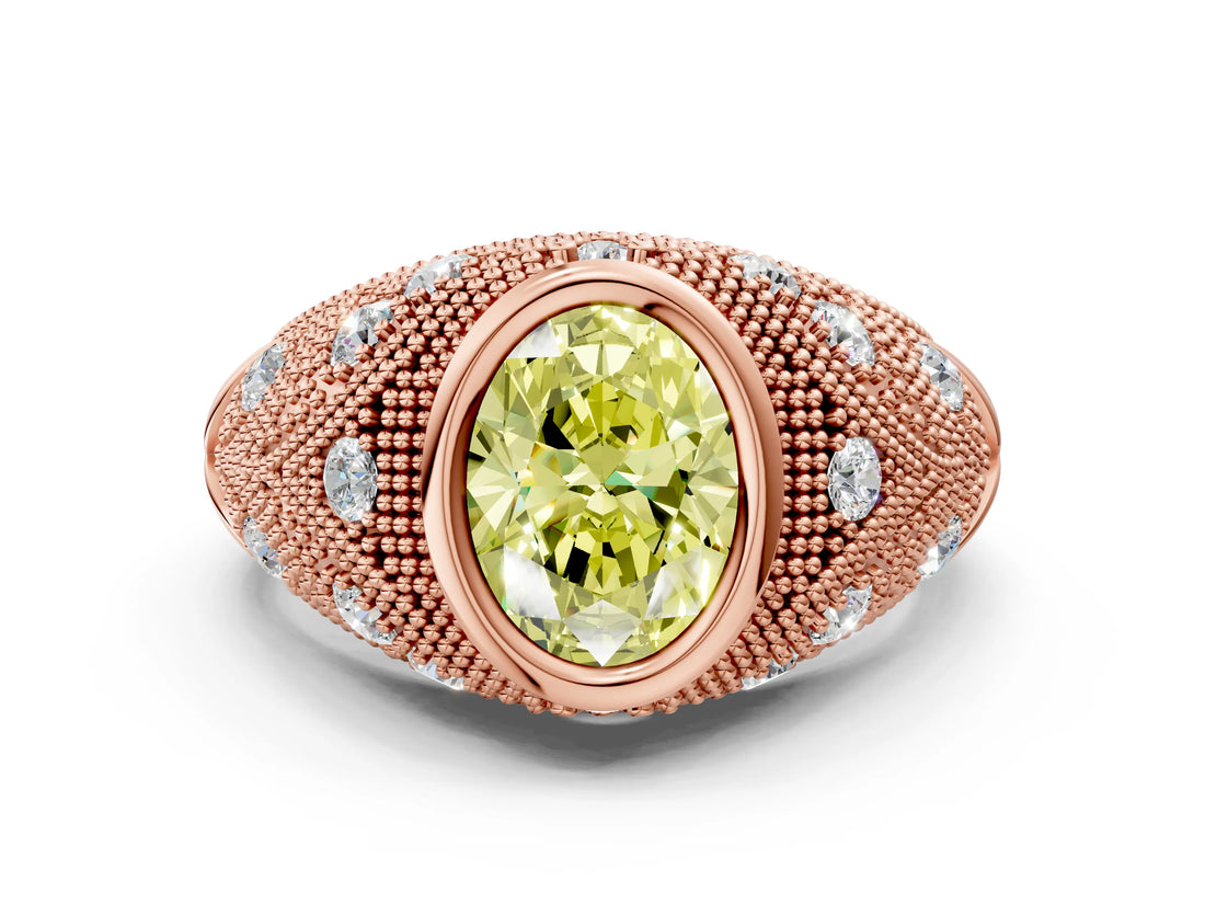 Rose gold Bezel Set Fancy Yellow Oval Cut Diamond Milgrain Band Ring