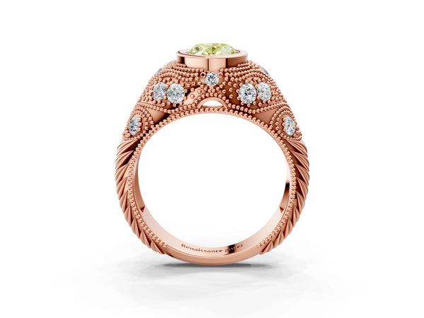 Rose Gold Oval Vintage Bezel Engagement Ring Setting for Fancy Yellow Center with Milgrain