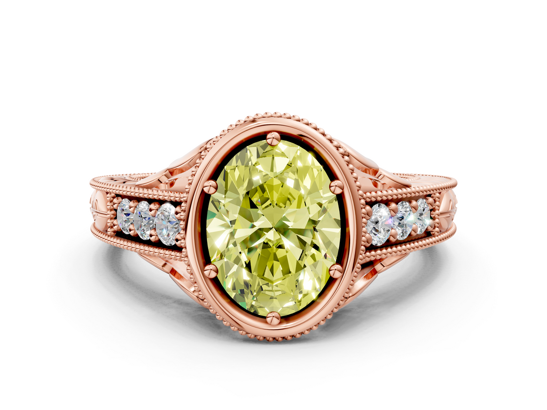 Rose gold Bezel Set Fancy Yellow Oval  Diamond Milgrain Pave Engagement Ring_33