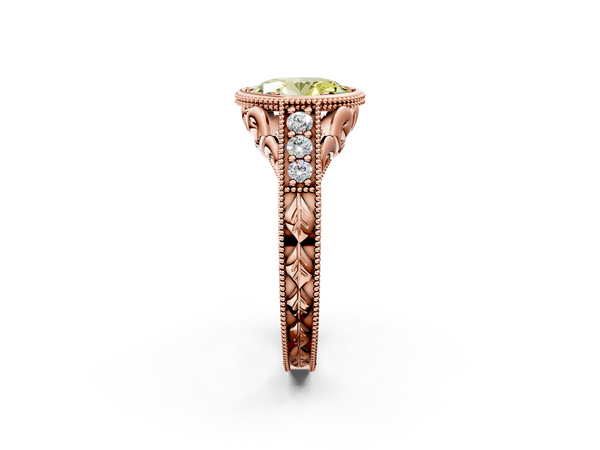 Rose gold Bezel Set Fancy Yellow Oval  Diamond Milgrain Pave Engagement Ring