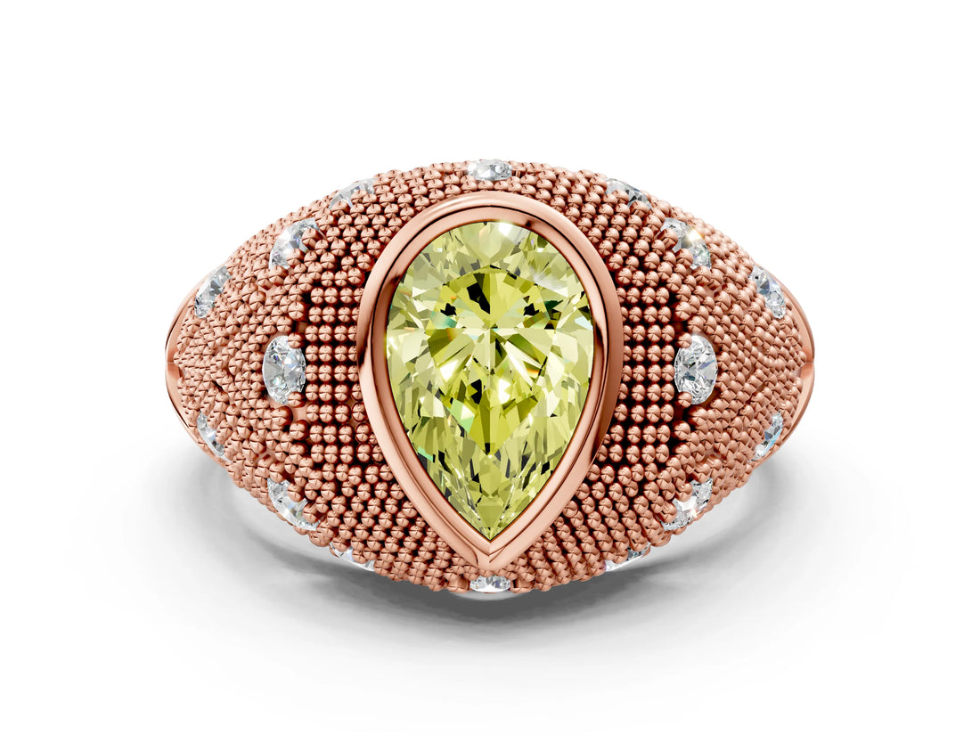 Rose gold Bezel Set Fancy Yellow Pear Cut Diamond Milgrain Band Ring