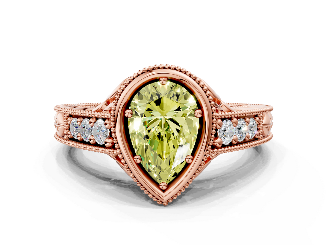 Rose gold Bezel Set Fancy Yellow Pear  Diamond Milgrain Pave Engagement Ring_33