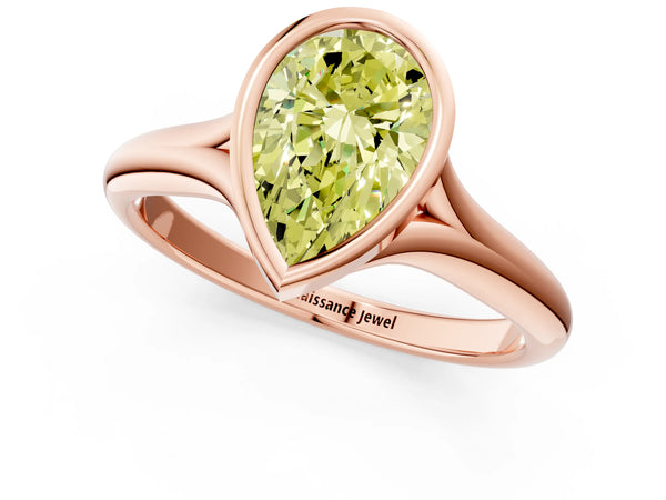 Rose gold Bezel Set Fancy Yellow Pear  Solitaire Diamond Ring with Smooth Band