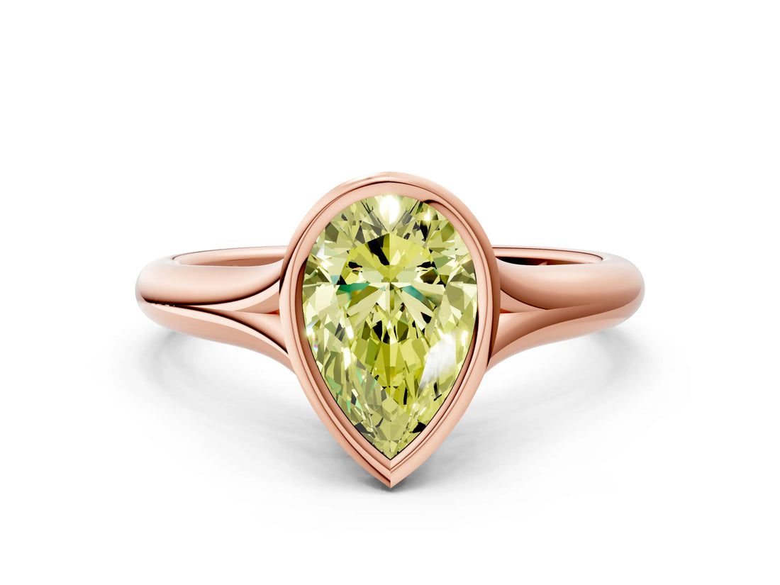 Rose gold Bezel Set Fancy Yellow Pear  Solitaire Diamond Ring with Smooth Band