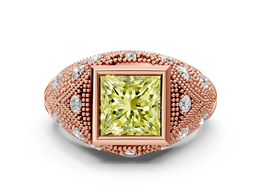 Rose gold Bezel Set Fancy Yellow Princess Cut Diamond Milgrain Band Ring