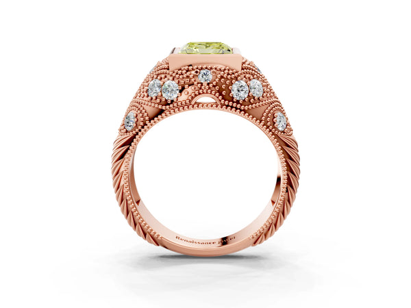 Rose Gold Princess Cut Vintage Bezel Engagement Ring Setting for Fancy Yellow Center with Milgrain