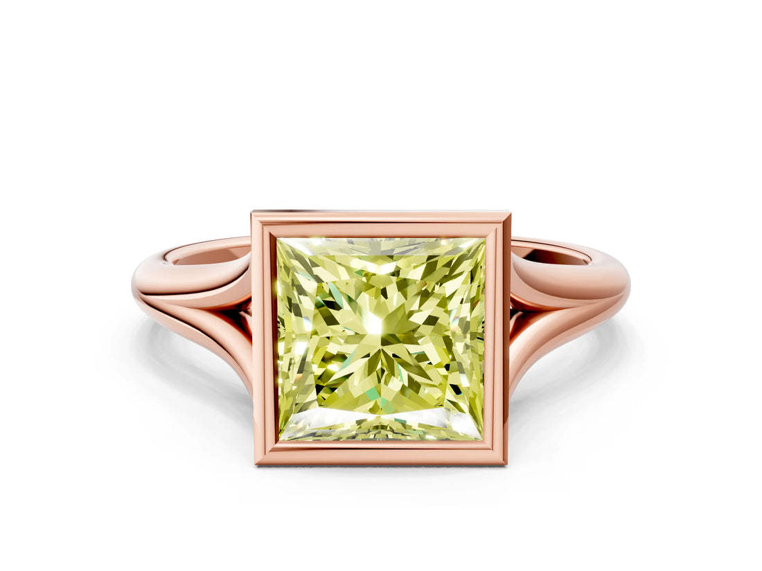 Rose gold Bezel Set Fancy Yellow Princess  Cut Solitaire Ring with Tapered Band 1