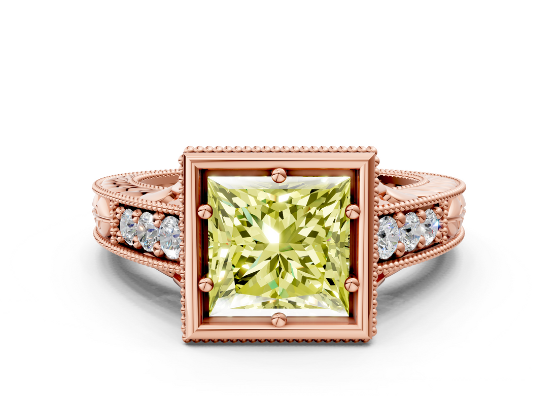 Rose gold Bezel Set Fancy Yellow Princess  Diamond Milgrain Pave Engagement Ring