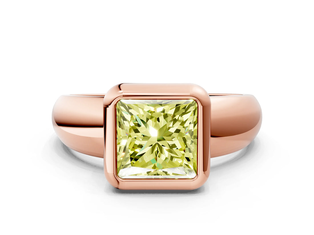 Rose gold Bezel Set Fancy Yellow Princess  Solitaire Ring with Wide Band 1