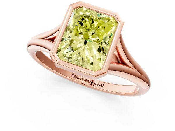 Rose gold Bezel Set Fancy Yellow Radiant  Cut Solitaire Ring with Tapered Band