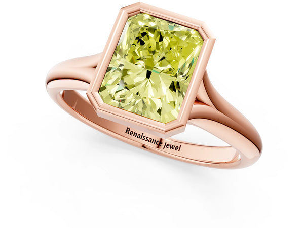 Rose gold Bezel Set Fancy Yellow Radiant  Solitaire Diamond Ring with Smooth Band