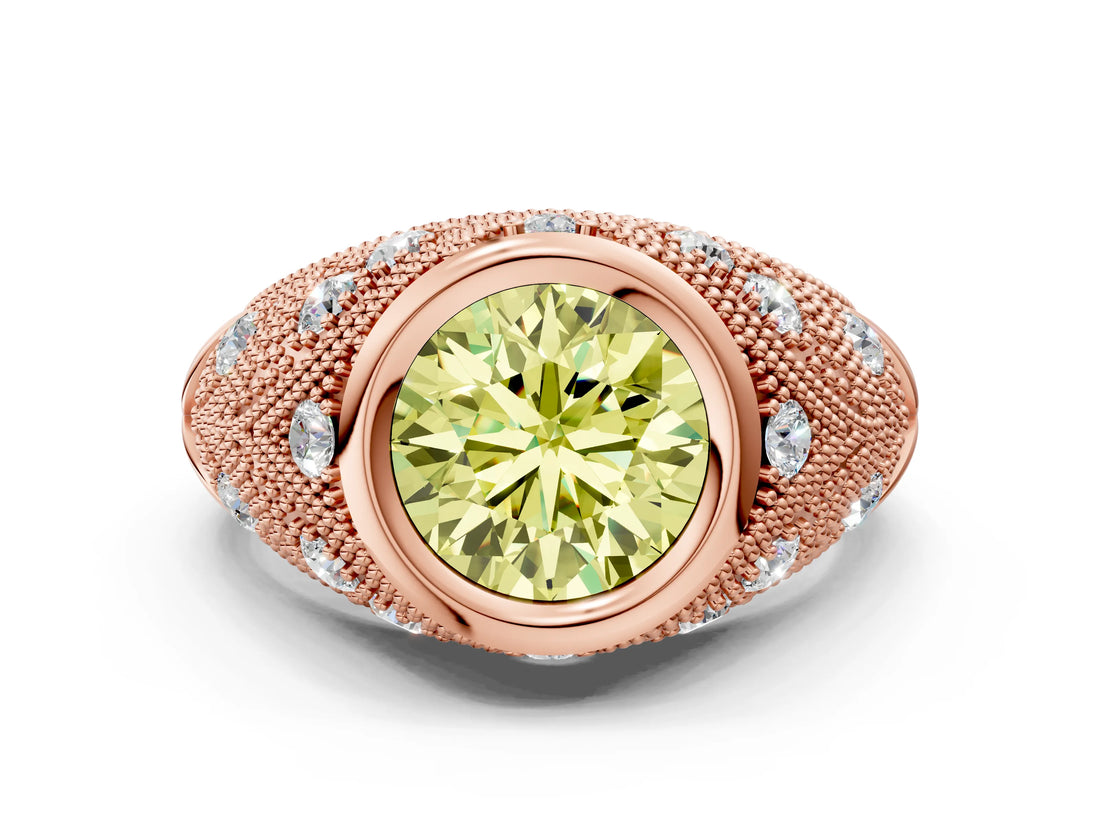 Rose gold Bezel Set Fancy Yellow Round Cut Diamond Milgrain Band Ring