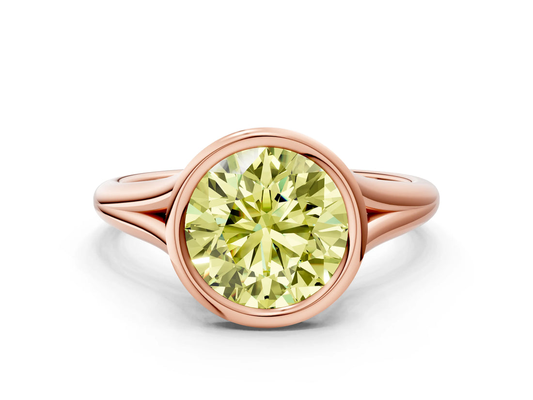 Rose gold Bezel Set Fancy Yellow Round  Cut Solitaire Ring with Tapered Band