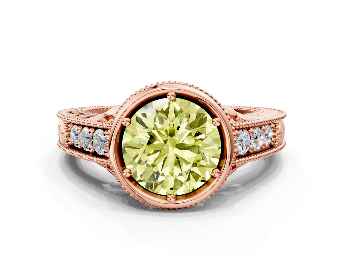 Rose gold Bezel Set Fancy Yellow Round  Diamond Milgrain Pave Engagement Ring