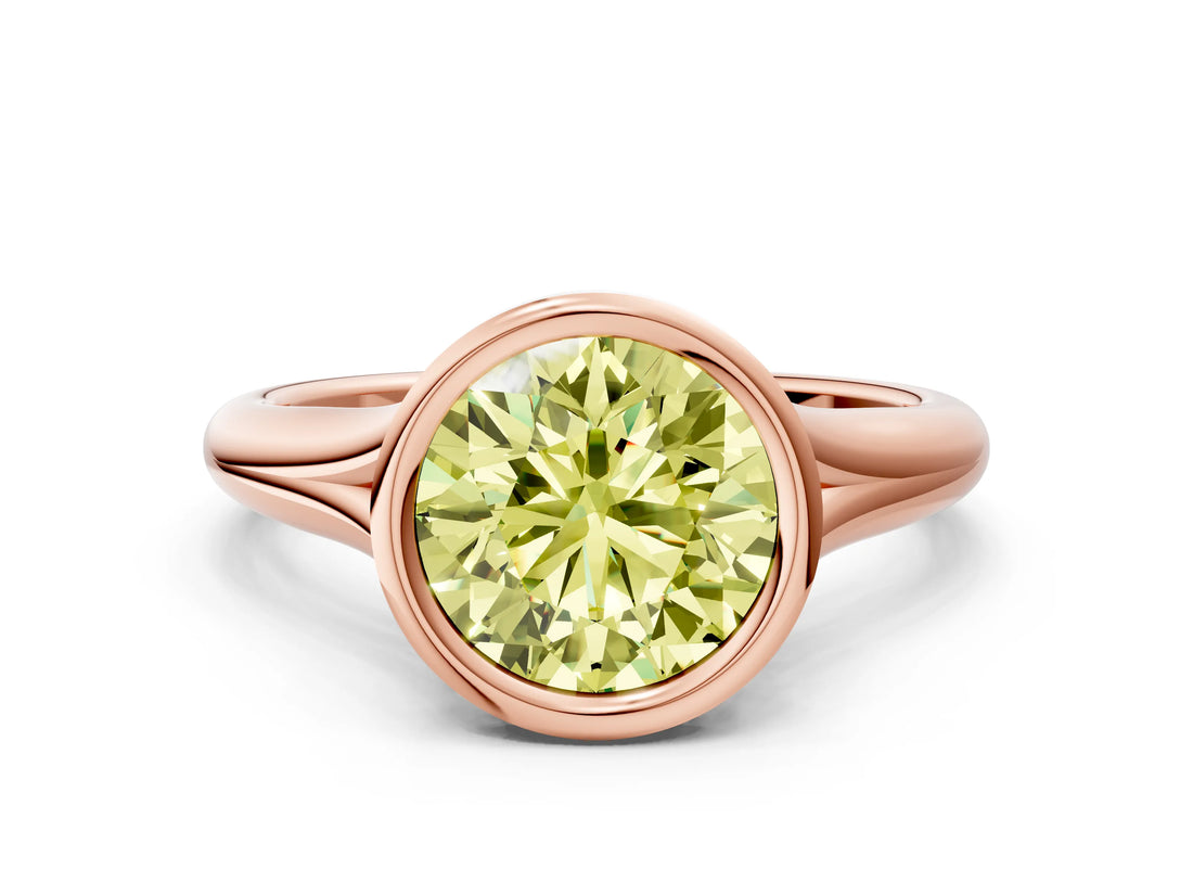 Rose gold Bezel Set Fancy Yellow Round  Solitaire Diamond Ring with Smooth Band 2