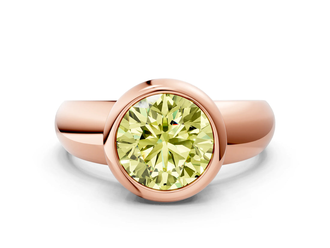 Rose gold Bezel Set Fancy Yellow Round  Solitaire Ring with Wide Band