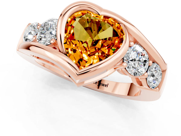 Rose gold Bezel Set Heart Cut Citrine Bypass Ring with Round  Accents