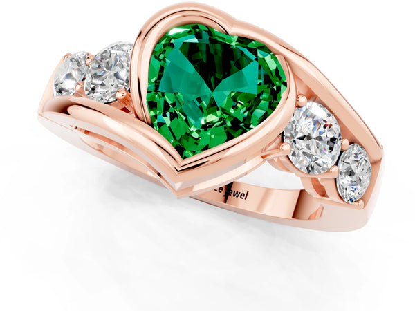 Rose gold Bezel Set Heart Cut Emerald Bypass Ring with Round  Accents