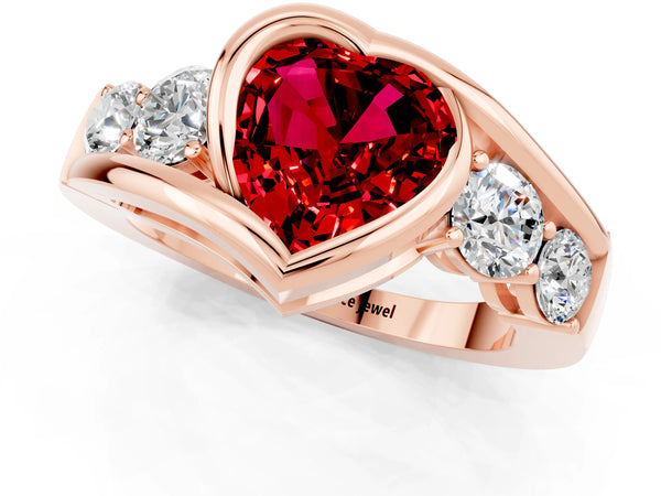 Rose gold Bezel Set Heart Cut Ruby Bypass Ring with Round  Accents