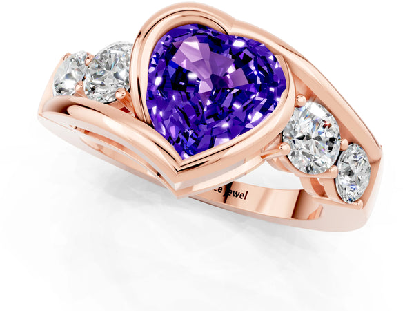 Rose gold Bezel Set Heart Cut Tanzanite Bypass Ring with Round  Accents