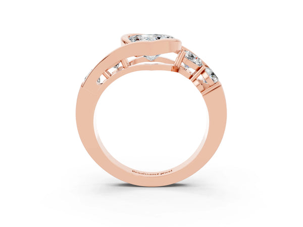 Rose gold Bezel Set Heart Cut Moissanite Bypass Ring with Round  Accents