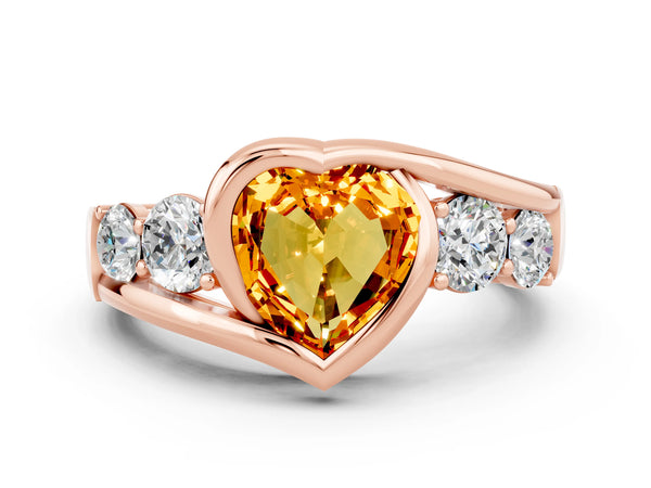 Rose gold Bezel Set Heart Cut Citrine Bypass Ring with Round  Accents